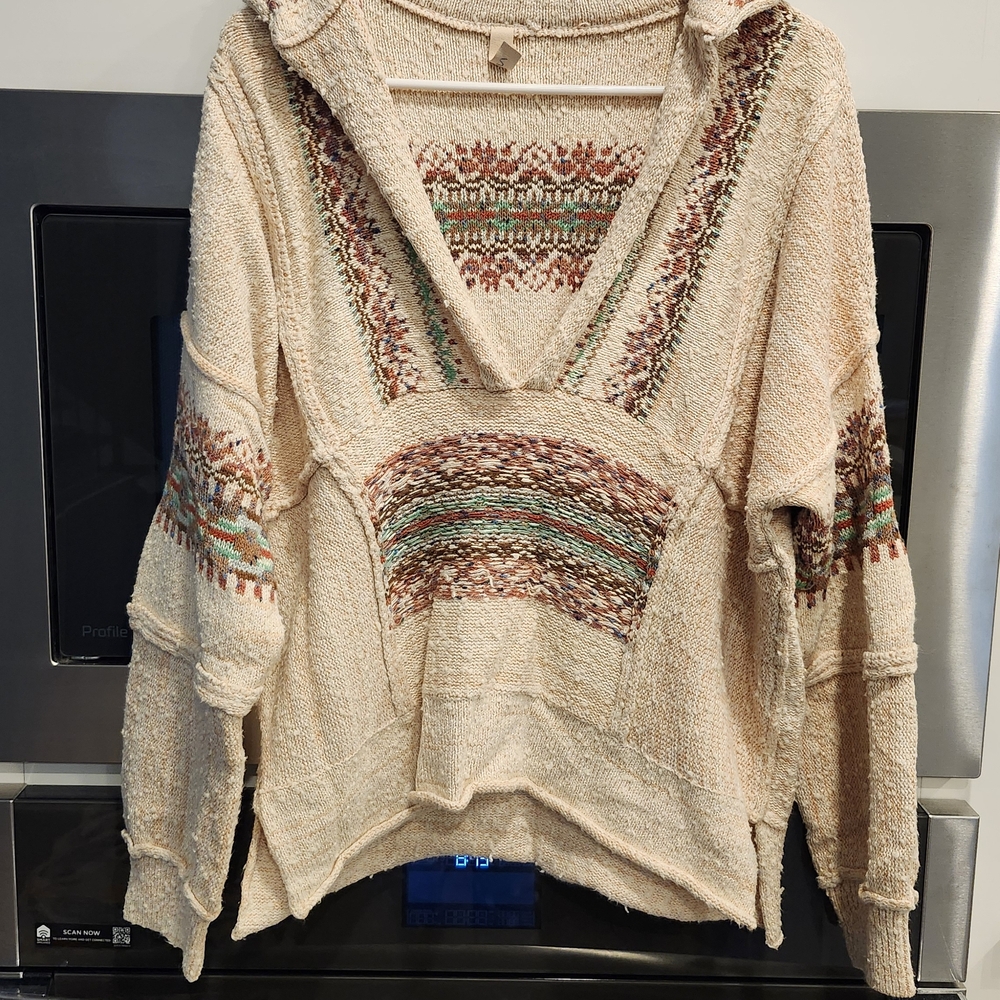 Pilcro Cream V-Neck Sweater with Multicolor Pattern